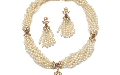 Eric Bertrand Demi-parure perles de culture, rubis et diamants | Cultured pearl, ruby and diamond demi-parure