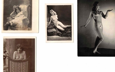Eroticism, nudity, charm and pornography. Circa 1930-70. Set of more than fifty silver prints, reproductions and postcards. Subjects: heterosexual and homosexual love scenes, with two or more people, sexual objects, macrophotography, sadomasochism...