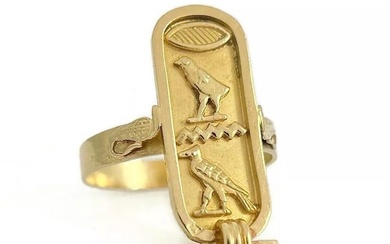 Estate Long Hieroglyphic Egyptian Bird Cartouche Ring 18K Yellow Gold, 5.51 Gram