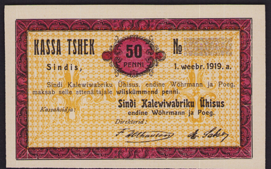 Estonia Sindi cloth mill 50 Penni 1919 local note