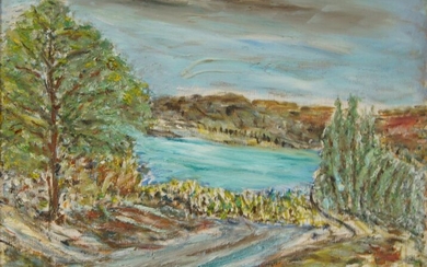 European School, 20th century- Landscape with a river and trees; oil on card, signed indistinctly lower right, 30.5 x 39.7 cm
