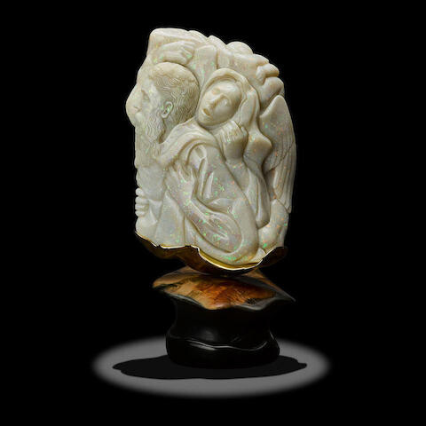Exceptionally Fine Opal Carving on Black Nephrite Base