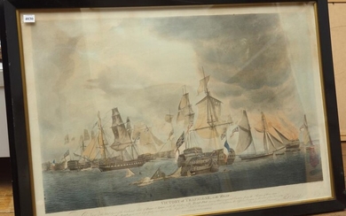 FOUR FRAMED MARITIME PRINTS DEPICTING THE BATTLE OF TRAFALGAR AND THE VICTORY OF TRAFALGAR PUBLISHED 1843 J.W LAIRD