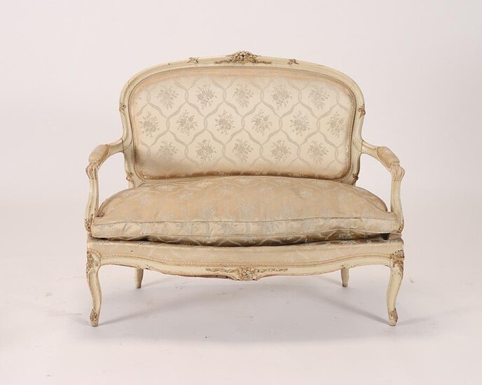 FRENCH LOUIS XV STYLE PAINTED OPEN ARM SETTEE 1910