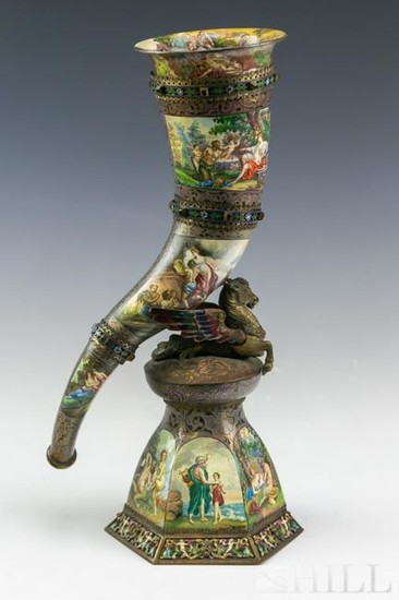 Fine Viennese Gilt Bronze Enamel Allegorical Horn