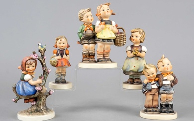 Five Hummel figurines, Goebel Oeslau, 1960-70s, design Arthur Möller, girl with bouquet, Hum 257, h.