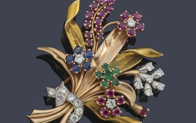 Floral brooch with sapphires, diamonds and emeralds in