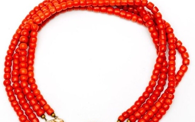 Four-row blood coral necklace, on 14 crt. gold...