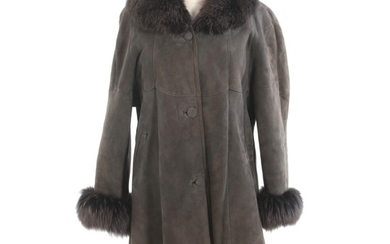 Fox Fur Trimmed Grey Sheepskin and Shearling Button-Front Coat