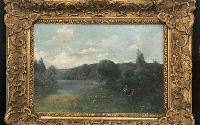 Frédéric GRASSET (1848-1911) Paysage fluviale. Huile sur toile signée en bas à gauche. Accidents, trous...