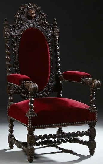 French Louis XIII Style Carved Oak Armchair, c. 1800