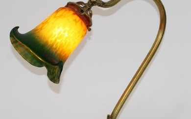 French Art Nouveau bronze lamp with art glass shade