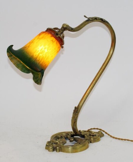 French Art Nouveau bronze lamp with art glass shade