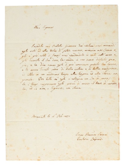 G. Leopardi. Unpublished letter, dictated to his sister Paolina, and six by his brother Pierfrancesco, 1830-1847