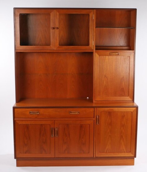G-Plan teak display cabinet, the top with two glazed doors flanked by an open recess above a fall