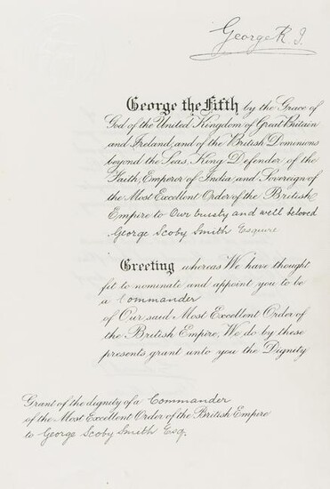 George V (King) Grant to George Scoby-Smith of a CBE