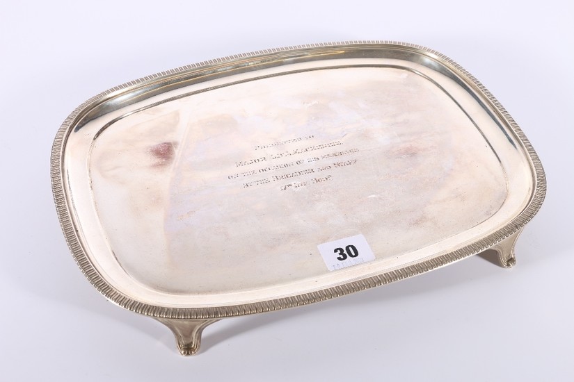 George V silver tray with baton border raised on four splaye...
