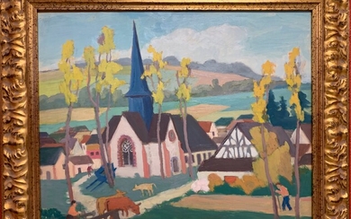 Georges CARRE (1878-194) "Le village au clocher bleu" Huile sur panneau signée en bas à...