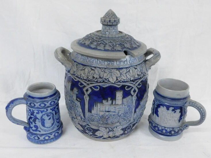 German Cobalt / Salt Glaze Punch Bowl & Mugs
