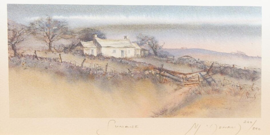 Gillian McDonald, British, late 20th/early 21st century- Coastal Cottage and Sunrise; two lithographs in colours on wove, each signed, titled and numbered 448/850 and 262/650 respectively in pencil, each image 11.5 x 21cm (framed) (2) (ARR)