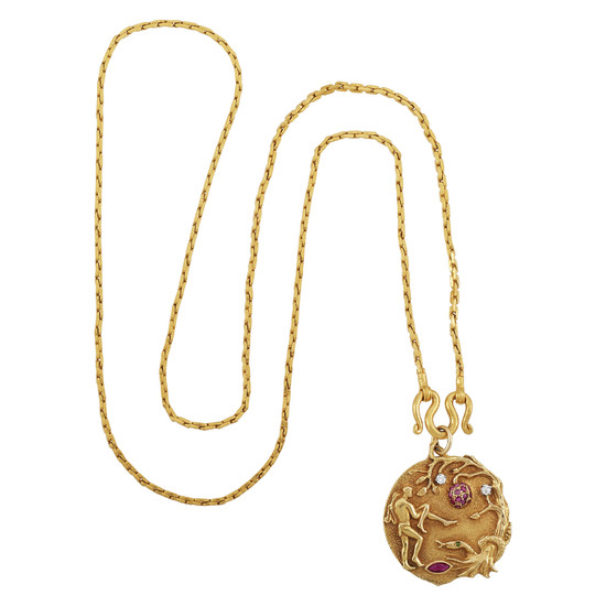 Gold, Ruby and Diamond 'Adam and Eve' Pendant and Long High Karat Gold Chain Necklace