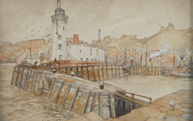 Gordon Home, British 1878-1969- Harbourside scene; pencil and watercolour heightened with white, 26 x 37.5 cm (ARR)