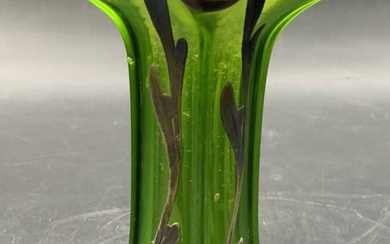 Green Art Glass Sterling Silver Overlay Ruffle Vase