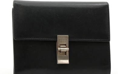 Gucci Black Leather Foldover Wallet with Lock Hardware