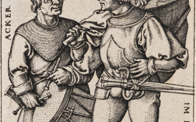 HANS SEBALD BEHAM Standard-Bearer and Drummer. Engraving, 1544. 70x50 mm; 2 3/4x2 inches,...