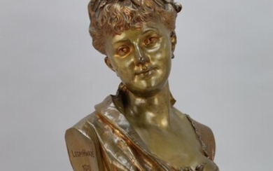HARZE Leopd. sig. 1878 "Elégant buste de dame avec une fleur dans les cheveux" sculpture...