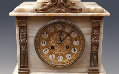 Heavy Antique White Marble Mantle Clock With Cherubs & Columns