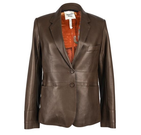 Hermes Jacket Brown Lambskin Leather Silk Print