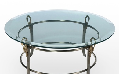 Hollywood Regency Style Glass Top Coffee Table with Cast Brass Swan Mounts