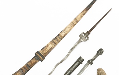 Indonesia, a Madura bone kris hilt, a fine tombak pamor iron blade; herewith a North-African dagger and a probably Ottoman silver letter opener with an inscription: Gottingen - Wien 1903.