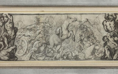 Italian School, late 16th century- Battle scene; pen, ink, wash, and white chalk on paper, 31.5 x 87.5 cm. Provenance: From the estate of the late designer Anthony Powell. Note: The present work likely shows a scene from the Trojan War, possibly...