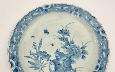 JAPANESE BLUE AND WHITE PORCELAIN CHARGER WITH DECORATION OF ROOSTER AMIDST FLOWERING PLANTS, - D