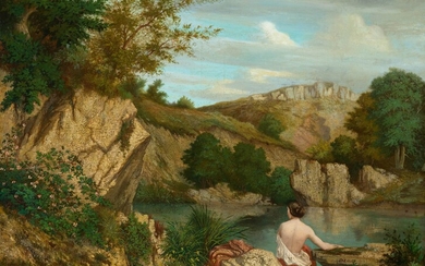 JEAN-BAPTISTE MALLET(Grasse 1759-1835 Paris)Baigneurs au bord du lac. Huile sur toile. Signé en bas à...