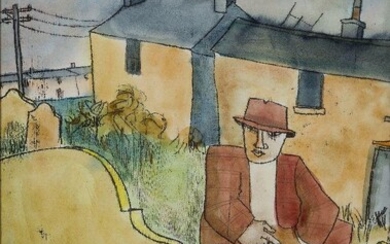 Jack Yates, British 1923-2012- Hometown Return; offset drawing and watercolour on paper, signed and dated within the painting 'J. Yates 1977', 55 x 38 cm (ARR) Provenance: Boundary Gallery, London