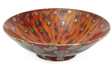 Janice Tchalenko, b. 1942, a thrown high-fired reduction earthenware bowl, 2004, painted with slip trailed and sponged coloured glazes, signed Tchalenko 2004, 9.5cm high, 31cm diameter ARR Provenance: given by Katherine, Adam & Rachel Goodison, 16...