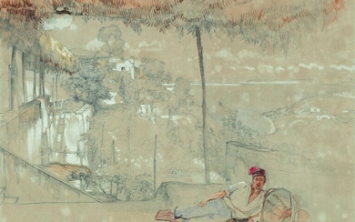 John Frederick Lewis, RA, POWS, British 1804-1876- On the Terrace at Ischia, Italy; pencil and watercolour heightened with white on grey paper, inscribed and dated 'Ischia. Aug 29' (lower centre), 24.5 x 34.5 cm. Provenance: Lord Northwick sale...