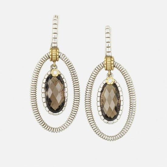 Judith Ripka Two, smoky quartz, silver, gold earrings