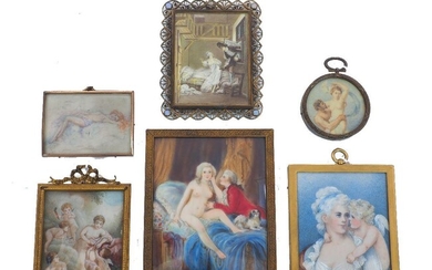 K. Coppé, French, late 19th Century- Portrait of a lady in her boudoir with an admirer and a dog; portrait miniature, signed, 13 x 9.5 cm: together with five other miniatures depicting female nudes and scenes from mythology, 10 x 7.7 cm. (6)