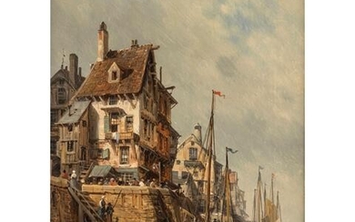 KUWASSEG, CHARLES EUPHRASIE (1838-1904), "Segelschiffe vor holländischer Hafenstadt"