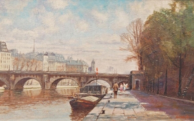 Kenneth Denton, British b.1932- View along the Seine, Paris; oil on board, signed, 29.5 x 49.5 cm; together with another landscape by the same artist, oil on board, signed, 29 x 49.5 cm (2) (ARR)
