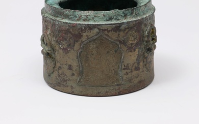 Khurasan silver inlaid bronze with silver inlay inkwell, davat, late 12th - early 13th century