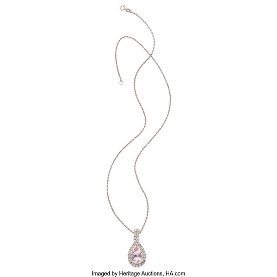Kunzite, Diamond, White Gold Pendant-Necklace The pendant features a...