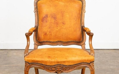 L. 18TH C. LOUIS XV LEATHER AND WALNUT FAUTEUIL