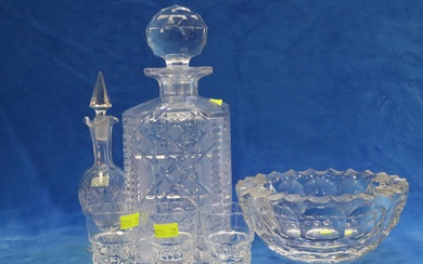 LOT OF CRYSTAL, INCLUDES DECANTER, ASHTRAY AND BOTTLE + THREE RETRO GLASSES