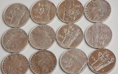 LOTTO DI LIRE ITALIANE composto da 12 monete da 100 lire varie annate di...