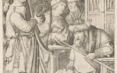 LUCAS VAN LEYDEN David Playing the Harp Before Saul. Engraving, circa 1508. 253x18...